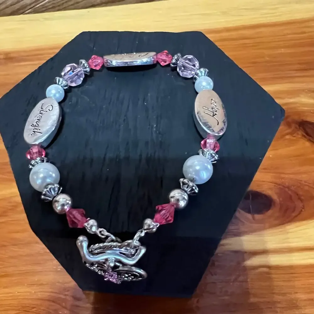 Breast Cancer Pink‎ Ribbon Silver Tone Beaded Bracelet Strength Courage Hope